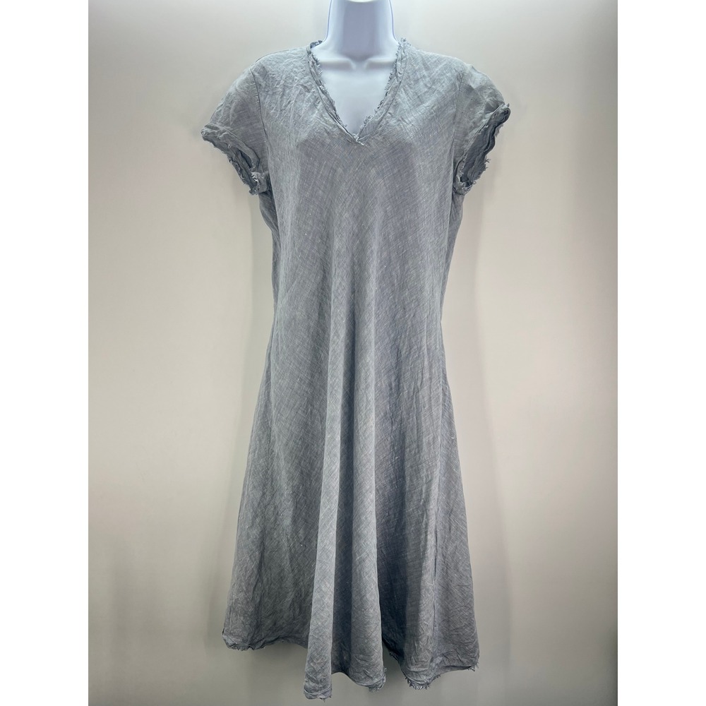 Eileen Fisher M Lagenlook Organic Linen V-Neck Frayed Edge Blue Gray Dress - Picture 9 of 9